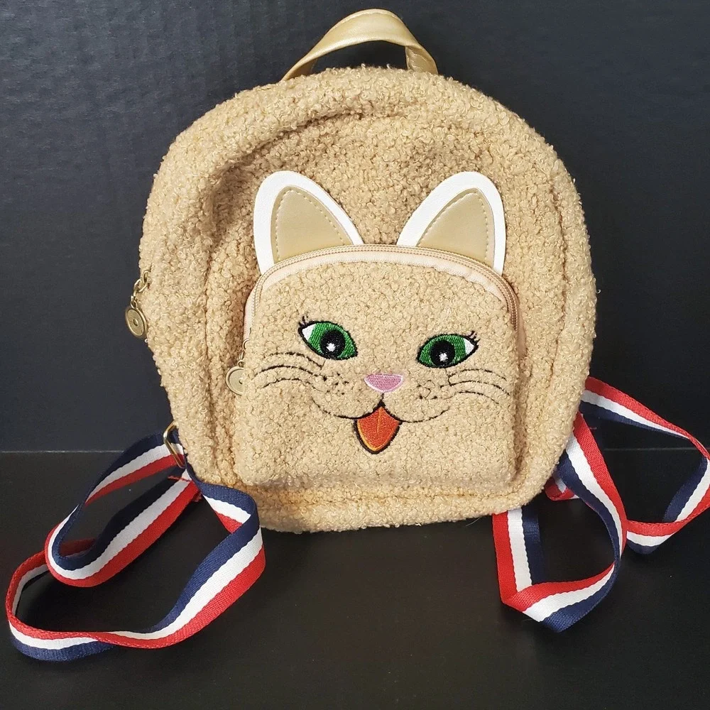 Small Brown Smiling Kitty Cat Mini Backpack Shaggy Kawaii Cute 8